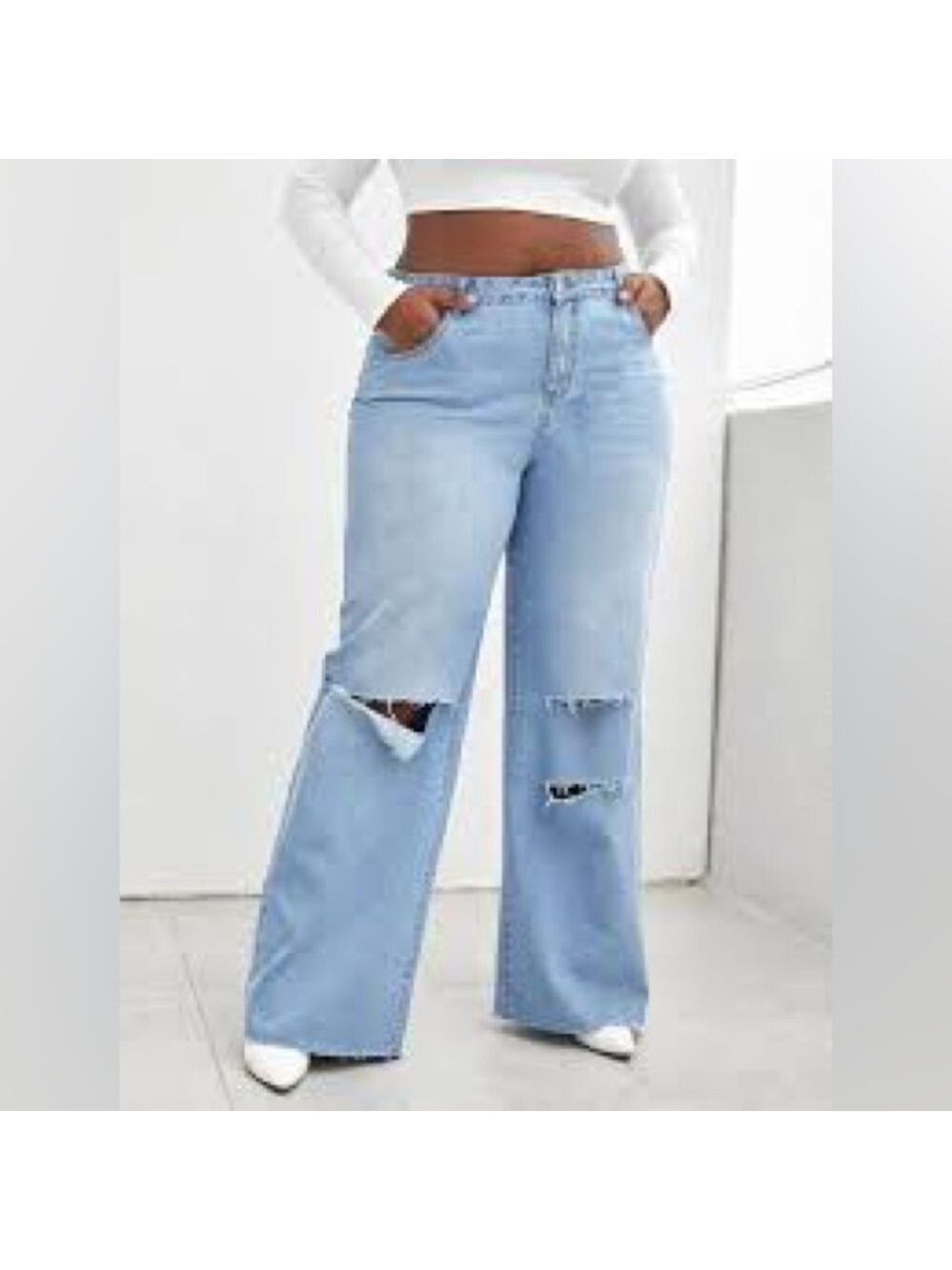 SHEIN High Waist Ripped Distressed Wide Leg Jeans